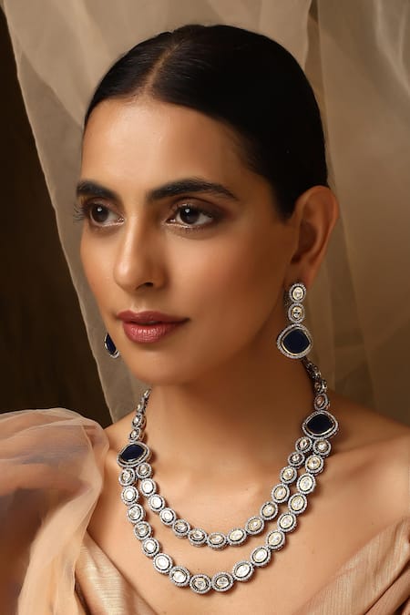 Shop_Swabhimann_Blue Stones, Diamonds Victorian Polki Layered Necklace Set _Online_at_Aza_Fashions