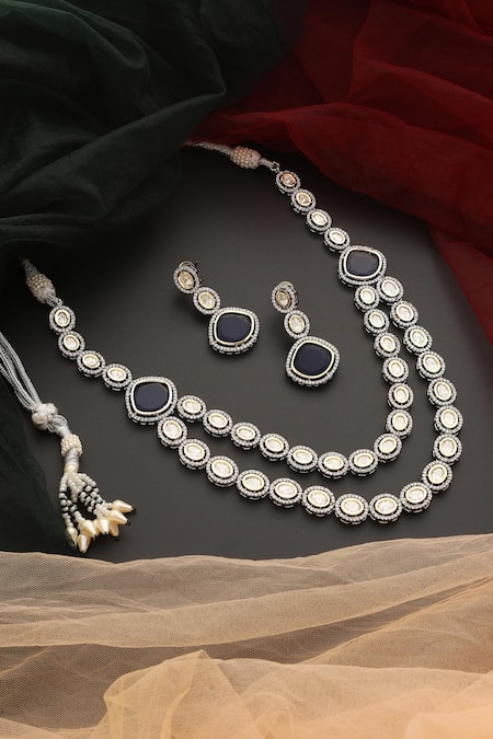 Shop_Swabhimann_Blue Stones, Diamonds Victorian Polki Layered Necklace Set _at_Aza_Fashions