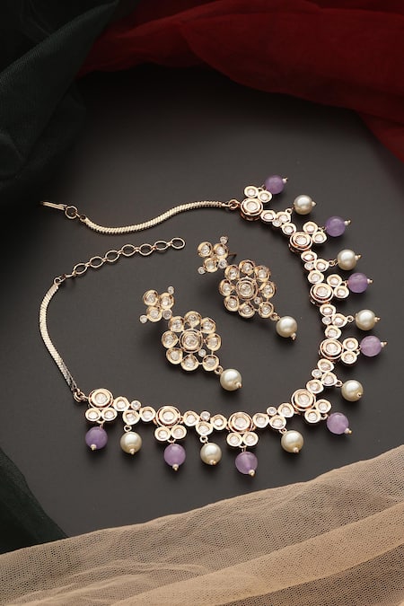 Swabhimann_Purple Stones, Pearls Drop Polki Necklace Set _Online_at_Aza_Fashions