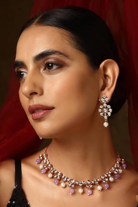 Buy_Swabhimann_Purple Stones, Pearls Drop Polki Necklace Set _Online_at_Aza_Fashions
