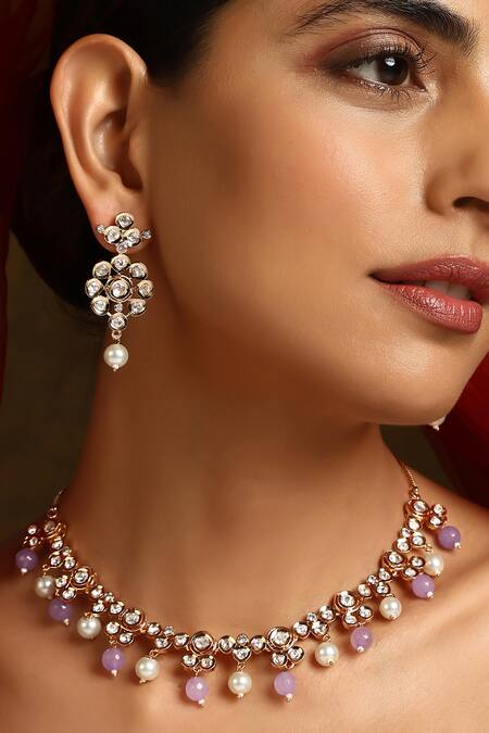 Shop_Swabhimann_Purple Stones, Pearls Drop Polki Necklace Set _Online_at_Aza_Fashions