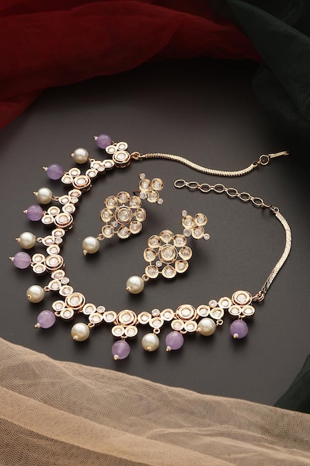 Shop_Swabhimann_Purple Stones, Pearls Drop Polki Necklace Set _at_Aza_Fashions
