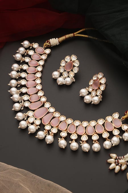 Swabhimann_Pink Pearls, Stones Polki And Drop Necklace Set_Online_at_Aza_Fashions