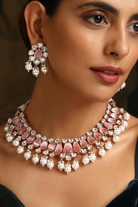 Buy_Swabhimann_Pink Pearls, Stones Polki And Drop Necklace Set_Online_at_Aza_Fashions