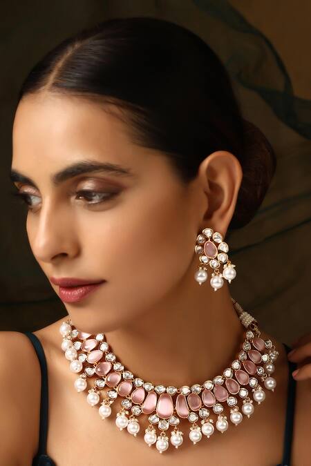 Shop_Swabhimann_Pink Pearls, Stones Polki And Drop Necklace Set_Online_at_Aza_Fashions