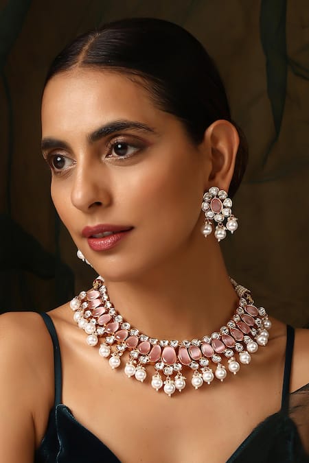 SWABHIMANN Polki & Pearl Drop Necklace Set 