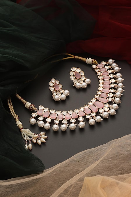 Shop_Swabhimann_Pink Pearls, Stones Polki And Drop Necklace Set_at_Aza_Fashions
