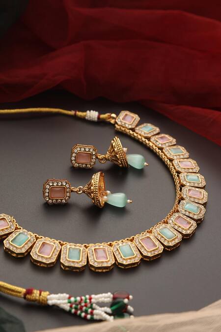 Swabhimann_Green Zari, Stones Zirconia Embellished Necklace Set _Online_at_Aza_Fashions