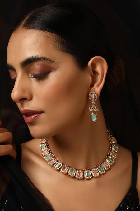 Buy_Swabhimann_Green Zari, Stones Zirconia Embellished Necklace Set _Online_at_Aza_Fashions