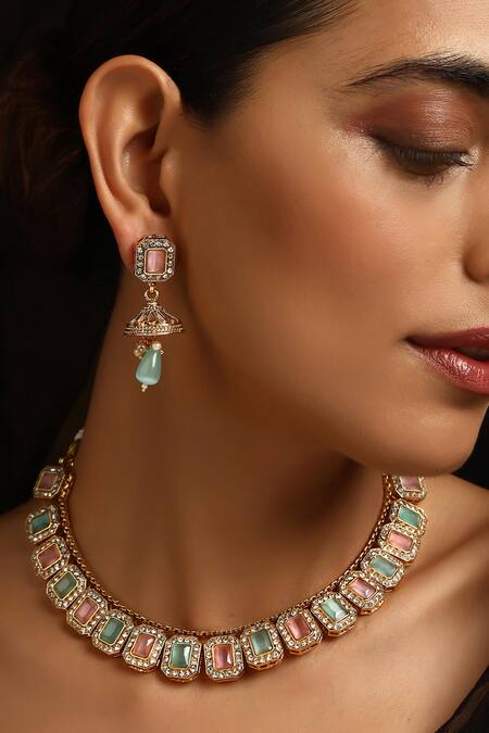 Shop_Swabhimann_Green Zari, Stones Zirconia Embellished Necklace Set _Online_at_Aza_Fashions