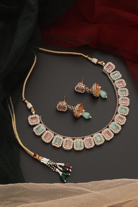 Shop_Swabhimann_Green Zari, Stones Zirconia Embellished Necklace Set _at_Aza_Fashions