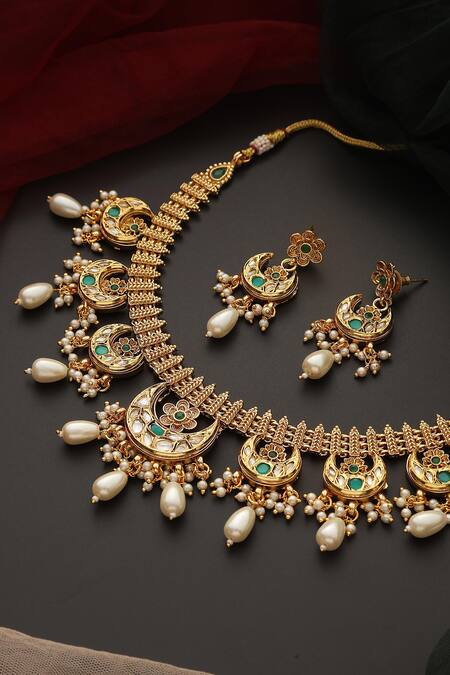 Swabhimann_Green Stones, Zari Kundan Crescent Embellished Necklace Set _Online_at_Aza_Fashions