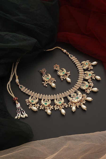 Shop_Swabhimann_Green Stones, Zari Kundan Crescent Embellished Necklace Set _at_Aza_Fashions