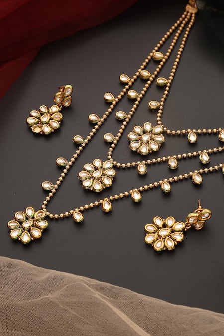 SWABHIMANN_Gold Plated Stones Floral Kundan Embellished Layered Necklace Set _Online_at_Aza_Fashions