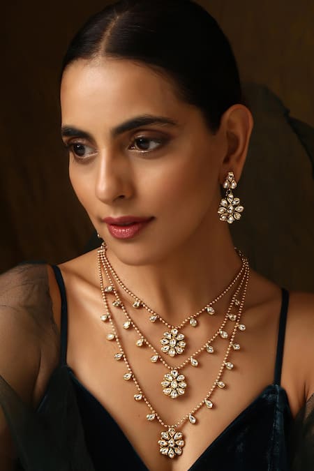 Buy_SWABHIMANN_Gold Plated Stones Floral Kundan Embellished Layered Necklace Set _Online_at_Aza_Fashions