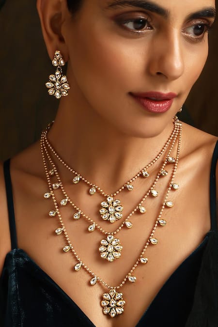 Shop_SWABHIMANN_Gold Plated Stones Floral Kundan Embellished Layered Necklace Set _Online_at_Aza_Fashions
