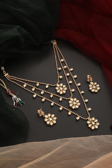 Shop_SWABHIMANN_Gold Plated Stones Floral Kundan Embellished Layered Necklace Set _at_Aza_Fashions