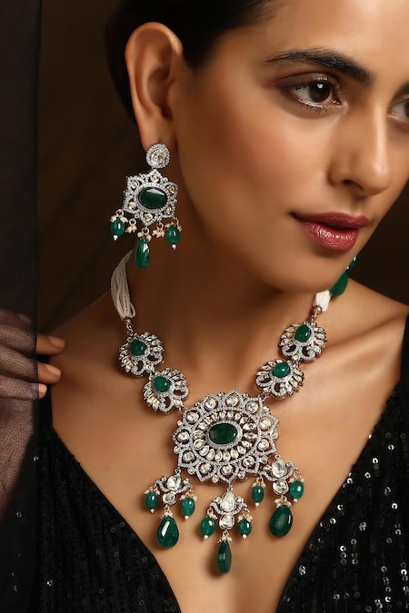 Buy_Swabhimann_Green Stones, Diamonds Polki Embellished Floral Pendant Necklace Set _Online_at_Aza_Fashions
