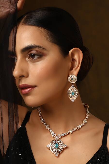 Buy_Swabhimann_Blue Stones Polki Pendant Embellished Necklace Set _Online_at_Aza_Fashions