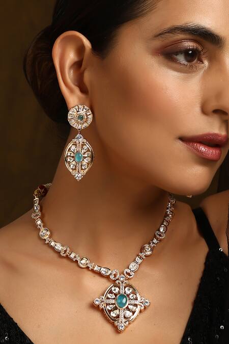 Shop_Swabhimann_Blue Stones Polki Pendant Embellished Necklace Set _Online_at_Aza_Fashions