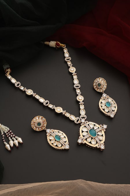 Shop_Swabhimann_Blue Stones Polki Pendant Embellished Necklace Set _at_Aza_Fashions
