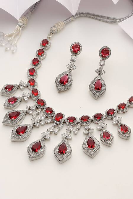 Swabhimann_Red Stones, Zari Designer Zirconia And Necklace Set _Online_at_Aza_Fashions