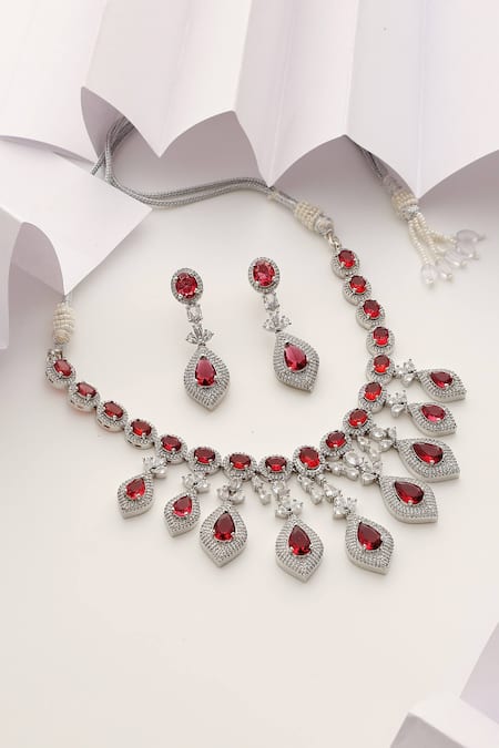 Shop Swabhimann Red Stones, Zari Designer Zirconia And Necklace Set at Aza Fashions Shop_Swabhimann_Red Stones, Zari Designer Zirconia And Necklace Set _at_Aza_Fashions