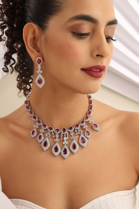Buy Swabhimann Red Stones, Zari Designer Zirconia And Necklace Set Online at Aza Fashions Buy_Swabhimann_Red Stones, Zari Designer Zirconia And Necklace Set _Online_at_Aza_Fashions