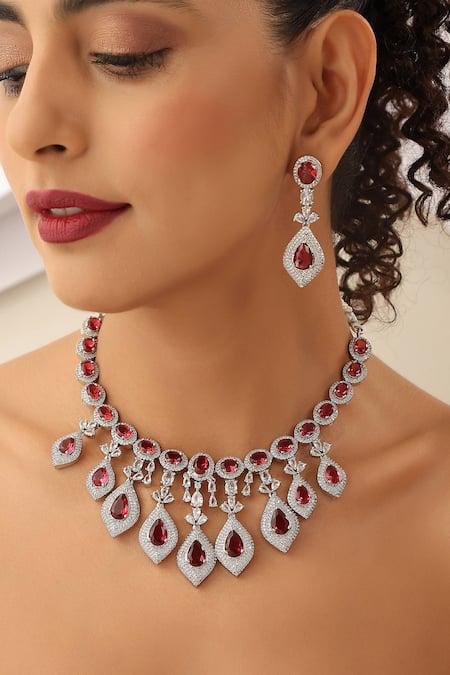 Shop Swabhimann Red Stones, Zari Designer Zirconia And Necklace Set Online at Aza Fashions Shop_Swabhimann_Red Stones, Zari Designer Zirconia And Necklace Set _Online_at_Aza_Fashions