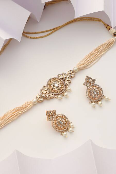 Swabhimann_White Pearls, Cut Work Polki And Perl Embellished Choker Set_Online_at_Aza_Fashions