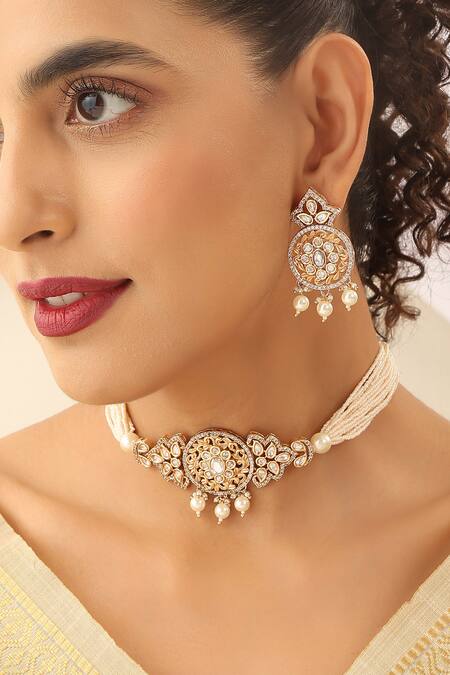 Buy_Swabhimann_White Pearls, Cut Work Polki And Perl Embellished Choker Set_Online_at_Aza_Fashions