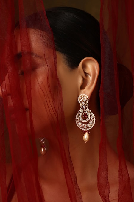 Swabhimann_Red Pearls, Diamonds Polki Embellished Chandbali Earrings_Online_at_Aza_Fashions