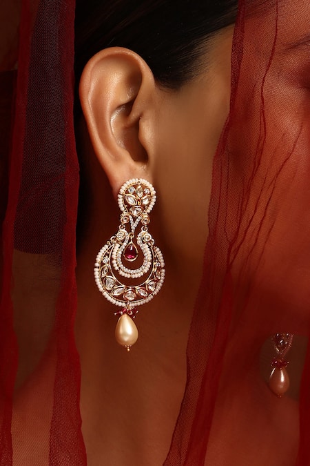 Buy_Swabhimann_Red Pearls, Diamonds Polki Embellished Chandbali Earrings_Online_at_Aza_Fashions