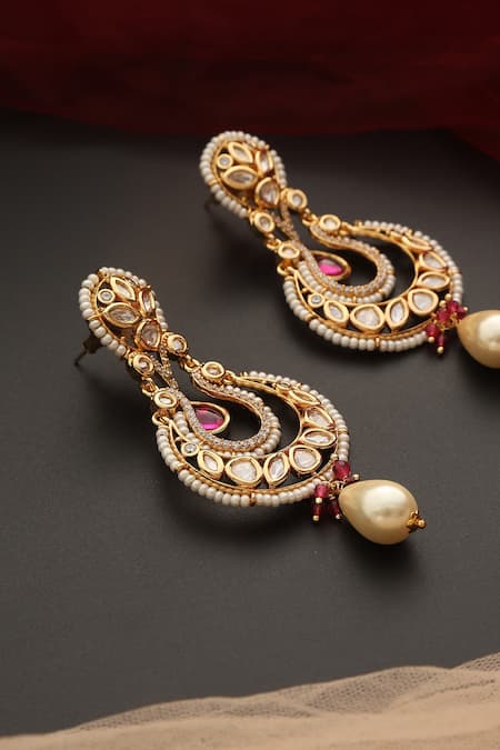 Shop_Swabhimann_Red Pearls, Diamonds Polki Embellished Chandbali Earrings_Online_at_Aza_Fashions