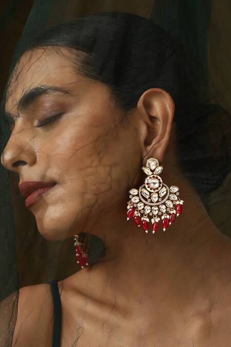 Swabhimann_Red Diamonds, Stones Polki Work Chandbali Earrings_Online_at_Aza_Fashions
