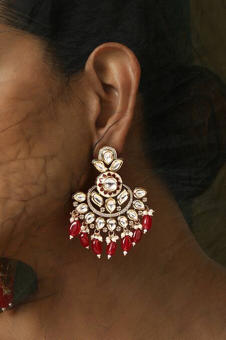 Buy_Swabhimann_Red Diamonds, Stones Polki Work Chandbali Earrings_Online_at_Aza_Fashions