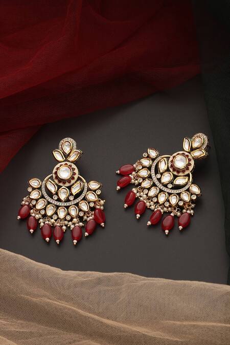 Shop_Swabhimann_Red Diamonds, Stones Polki Work Chandbali Earrings_Online_at_Aza_Fashions