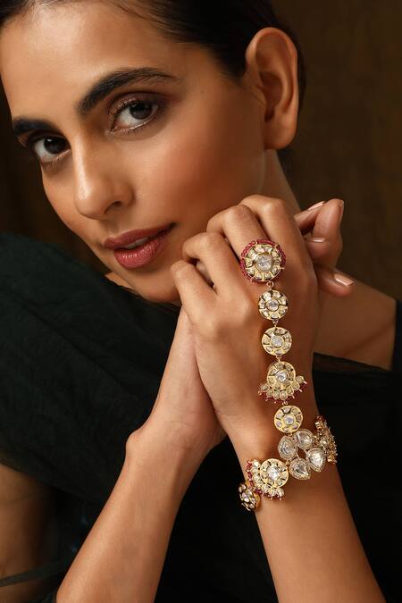 Swabhimann_Red Crystals Polki Embellished Haathphool _Online_at_Aza_Fashions