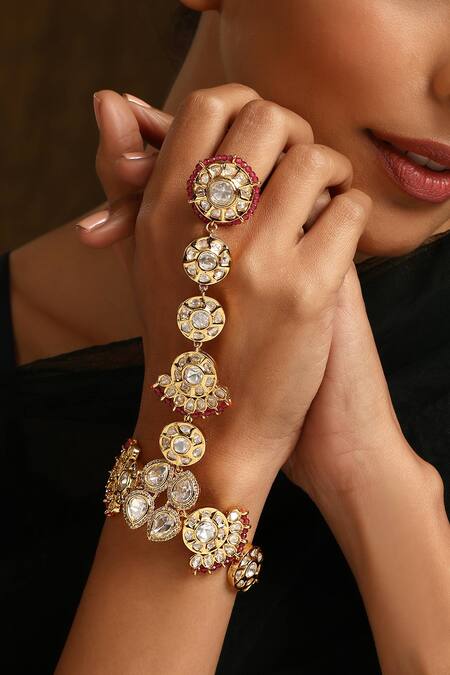 Buy_Swabhimann_Red Crystals Polki Embellished Haathphool _Online_at_Aza_Fashions