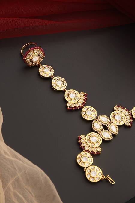 Shop_Swabhimann_Red Crystals Polki Embellished Haathphool _Online_at_Aza_Fashions