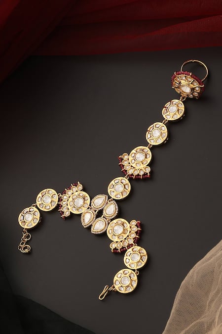 Shop_Swabhimann_Red Crystals Polki Embellished Haathphool _at_Aza_Fashions