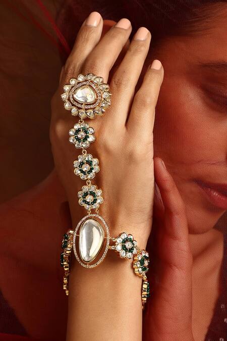Buy_Swabhimann_Green Crystals, Diamonds Floral Polki Embellished Haathphool _Online_at_Aza_Fashions