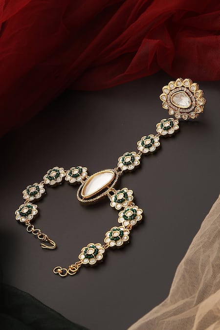 Shop_Swabhimann_Green Crystals, Diamonds Floral Polki Embellished Haathphool _at_Aza_Fashions