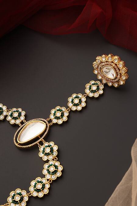 Shop_Swabhimann_Green Crystals, Diamonds Floral Polki Embellished Haathphool _Online_at_Aza_Fashions