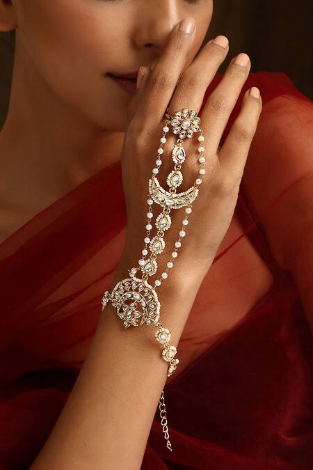 Swabhimann_Gold Plated Pearls Polki Cutwork Embellished Haathphool _Online_at_Aza_Fashions