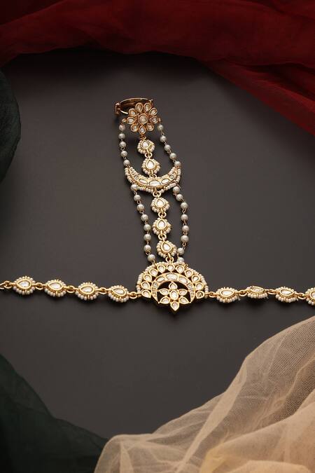Shop_Swabhimann_Gold Plated Pearls Polki Cutwork Embellished Haathphool _Online_at_Aza_Fashions
