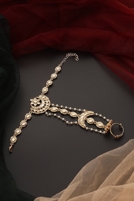 Shop_Swabhimann_Gold Plated Pearls Polki Cutwork Embellished Haathphool _at_Aza_Fashions