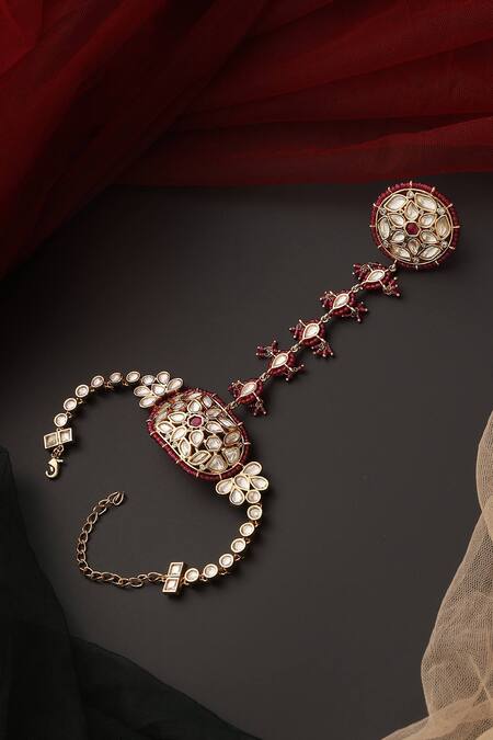 Shop_Swabhimann_Red Imitation Diamonds Polki Floral Cutwork Haathphool _Online_at_Aza_Fashions