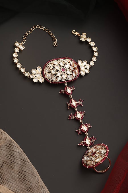 Shop_Swabhimann_Red Imitation Diamonds Polki Floral Cutwork Haathphool _at_Aza_Fashions