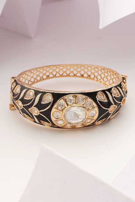 Shop_Swabhimann_Black Crystals Floral Polki Embellished Bracelet _at_Aza_Fashions